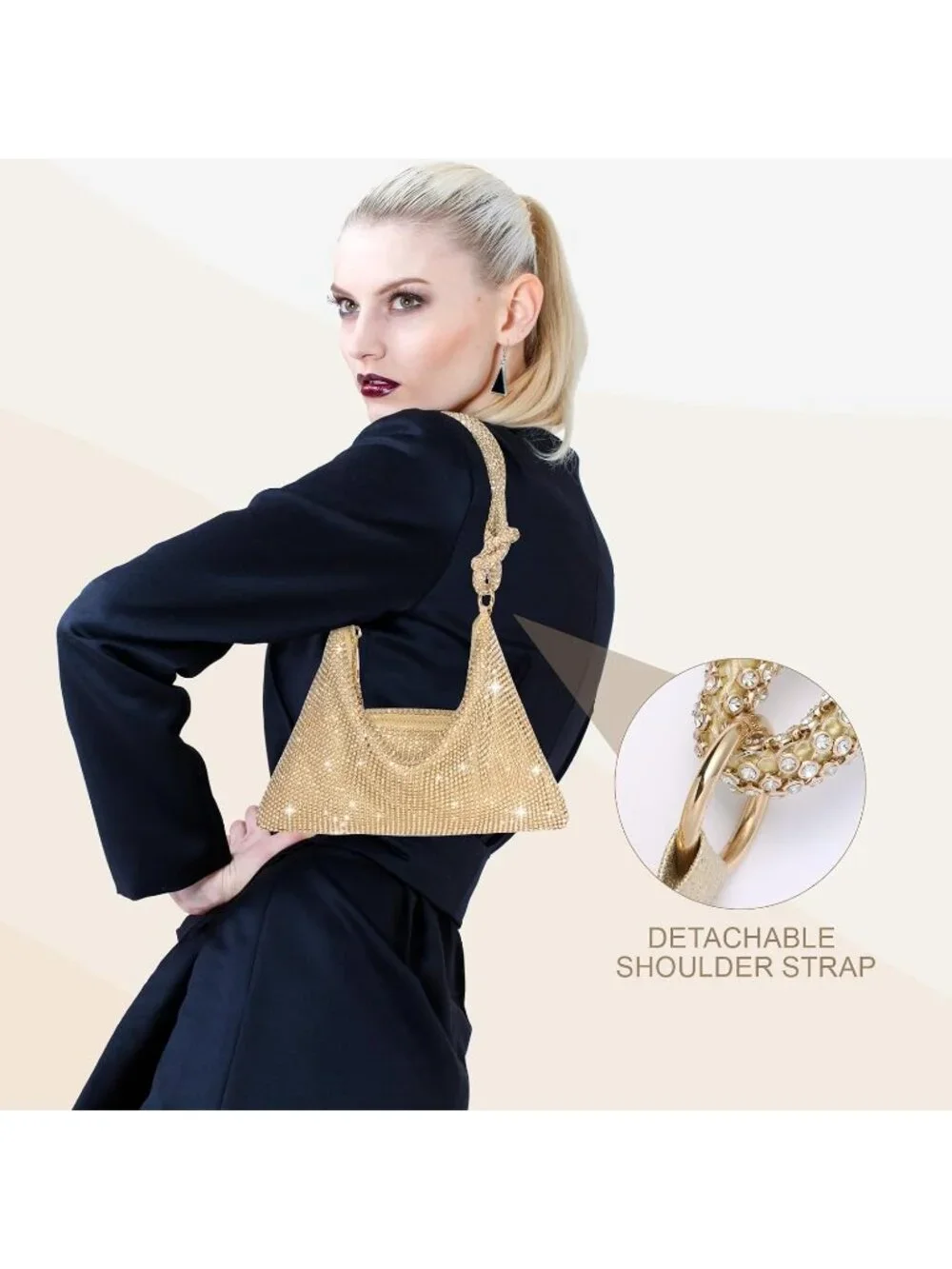 Womens Champagne Gold Rhinestone Mesh Clutch Evening Handbag Wedding Party Purse
